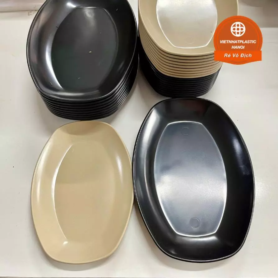 (Xuất VAT) Đĩa Nhựa Phíp Melamine Hình Bầu Dục cỡ nhỏ và vừa Nhựa Việt Nhật 2 Size, đen nâu chịu nhiệt tốt