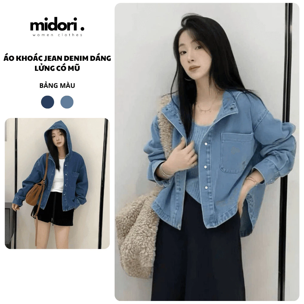 Áo Khoác Jean Denim Áo Chống Nắng Dáng Lửng Có Mũ Midori Shop, Áo Khoác Bò Chống Nắng Jean Mềm S239