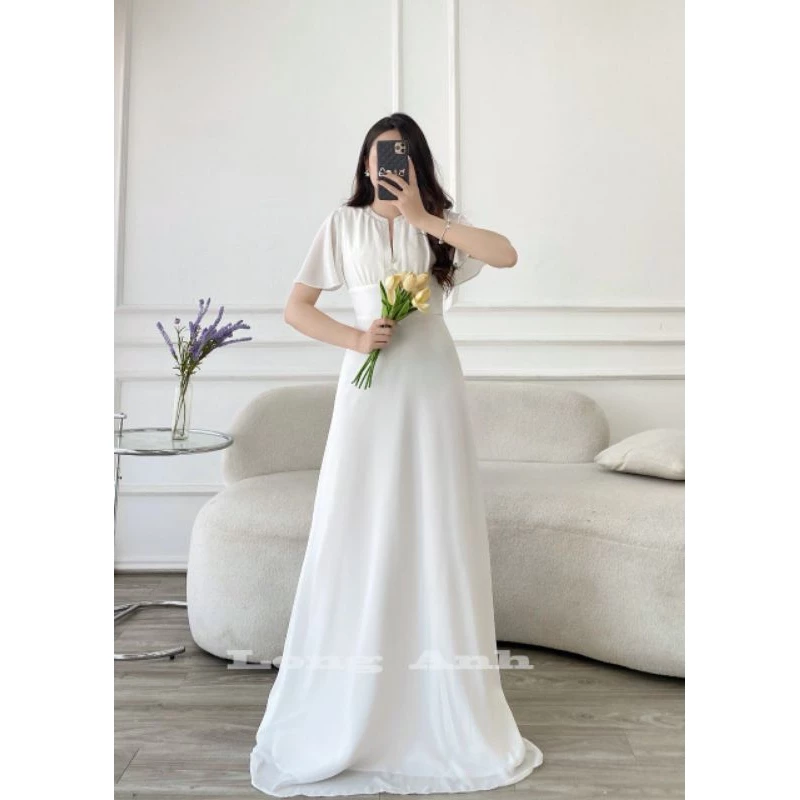 Váy Cưới Đi Bàn Cổ V Tay Bèo Chất Chiffon Mềm Mại Size S M L Xl Và May Theo Số Đo Riêng