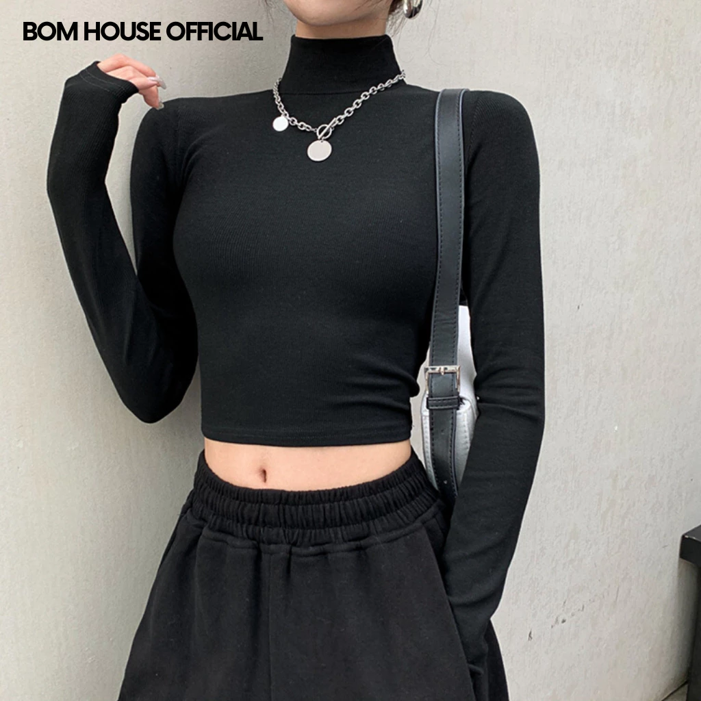 Áo Croptop Tay Dài Nữ Cổ Lọ Chất Vải Thun Gân Co Giãn Kiểu Ôm Body Bomhouse