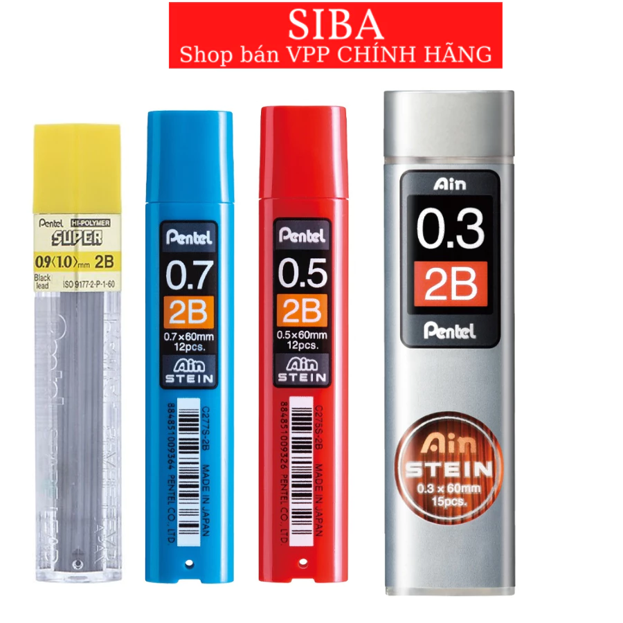 Ruột chì kim Pentel, ngòi bút chì bấm 2B đường kính ngòi 0.3/ 0.5/ 0.7/ 0.9mm