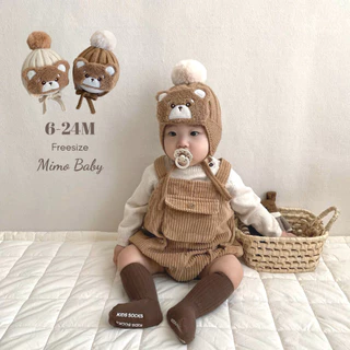 Mũ nón len buộc dây đính hình gấu xù chóp bông dễ thương cho bé ML221 Mimo Baby