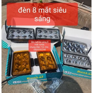 đèn trợ sáng 8 mắt chữ nhật run Lai 12v 24v( giá 01 cặp) chữ nhật trắng hoặc vàng lắp xe tải , xe ba gác, ô tô, xe máy