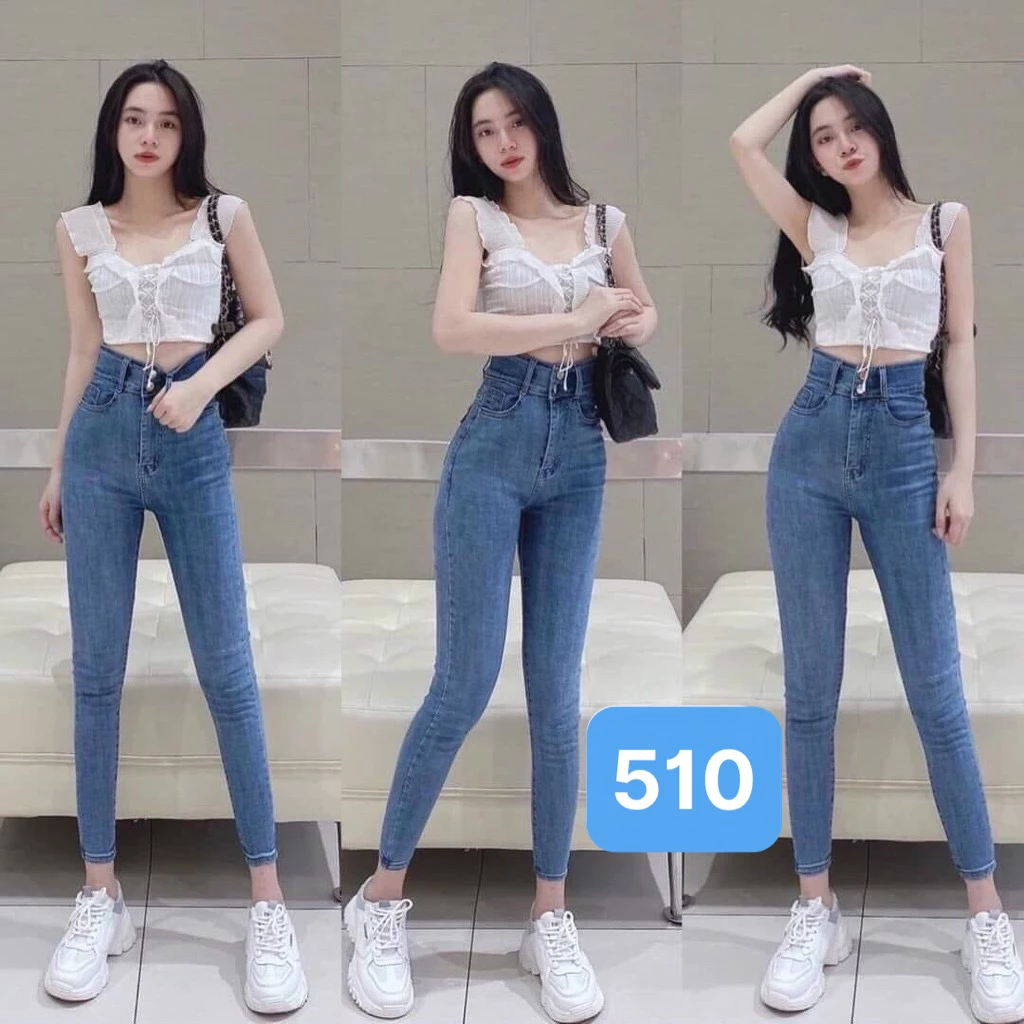 Quần bò nữ lưng cao OBOKFASHION ôm đẹp co giãn màu xanh trơn thời trang cao cấp hàn quốc dễ phối đồ nữ tính JDN510