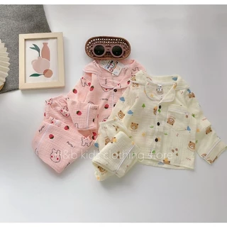 Bộ Pijama Dài Tay Xô Muslin Hoạ Tiết Đáng Yêu Cho Bé Trai Và Gái Size 5-12kg