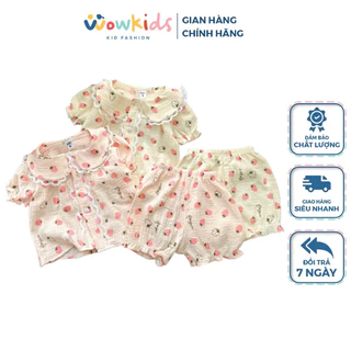 Bộ Cộc Tay Cổ Bèo Ren Bé Gái WOWKIDS Chất Xô Muslin Cao Cấp Mềm Mịn Cho Bé Từ 6-18kg