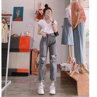 Quần baggy jean nữ cạp cao, Quần bò xám rách chuẩn fom