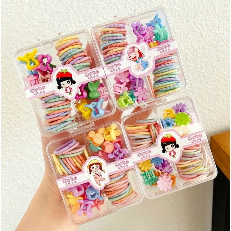 Hộp Dây Buộc Tóc Mix Kẹp Tóc Càng Cua Nhiều Màu Cho Bé Hộp Vuông 4 Ngăn