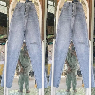 [Bigsize 60kg-98kg]Quần Jean Nữ Skinny Xanh Nhạt Rách Gối Xẻ Tua Lai. Jean Co Giãn Lưng Cao Tôn Dáng Co Giãn Mạnh