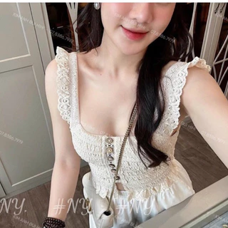 Áo kiểu 2 dây bèo ren ôm khuy gỗ dáng ngắn croptop cổ vuông sexxy AK1560 - NhiNhi Shop