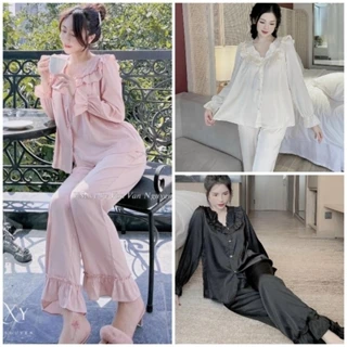 Đồ ngủ pyjama nữ mặc nhà chất Lụa Xước cao cấp viền bèo tay bo xinh xắn Đồ bộ nữ cao cấp