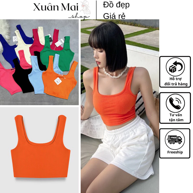 [FREESHIP - HÌNH THẬT] Áo croptop nữ cổ U hai dây bản to nhiều màu trơn vải gân tăm dày dặn