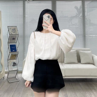 Áo Babydoll nữ dài tay bồng dáng Croptop chất Voan màu trắng, be, đen, nâu