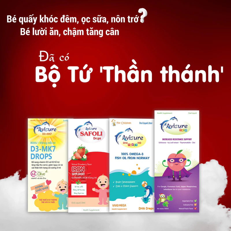 Bộ sản phẩm Avisure bổ sung vi chất toàn diện cho bé D3 MK7 drops DHA smart kid Safoli drops Avisure muno Calkid Kẽm zio