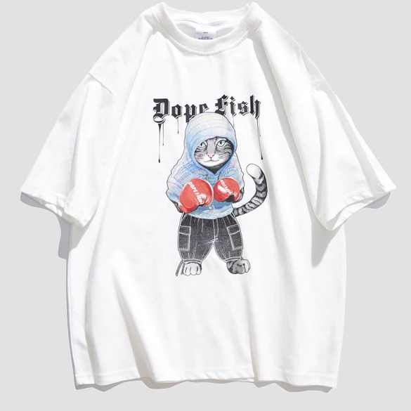 Áo Thun Nam HappyFamily - Áo Phông Tay lỡ Họa Tiết Chú Mèo Dope Fish Chất Cotton 100 Cao Cấp Màu Trắng