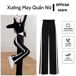 Quần ống rộng suông nữ 2 sọc lưng cao cạp chun vải cotton cao cấp co dãn 4 chiều không bai xù