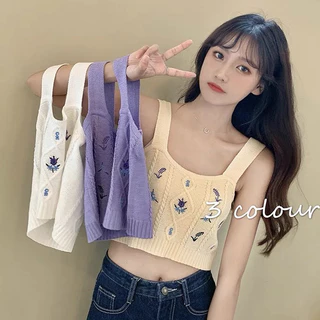 Áo 2 dây bản to croptop nữ len dệt kim thêu hoa xinh xắn kiểu sát nách cổ vuông phong cách Hàn Quốc trẻ trung