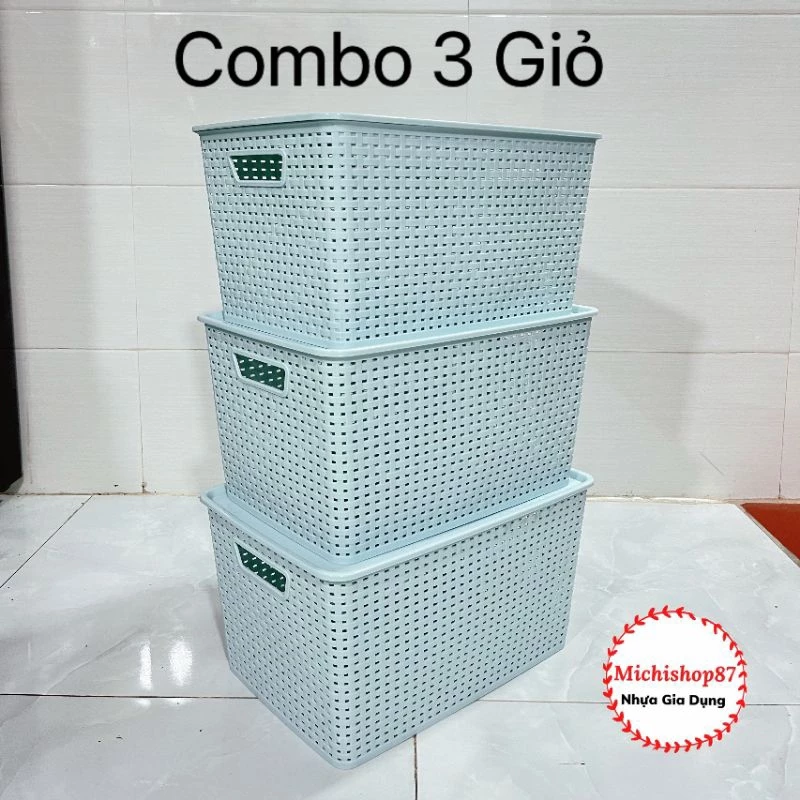 Combo 3 Giỏ Nhựa Có Nắp Cỡ ĐẠI Nhựa Việt Nhật, Rổ Nhựa Chữ Nhật Có Nắp Cỡ Lớn Đựng Đồ Đa Năng