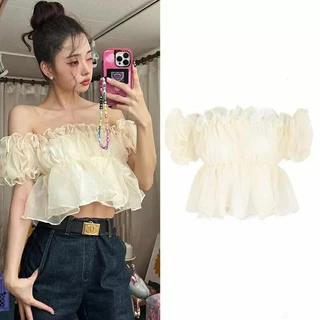 (Sẵn) Áo trễ vai croptop voan của Song Ji A (Địa ngục độc thân)