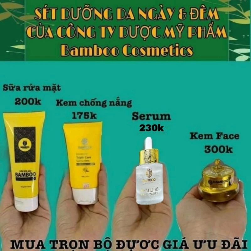 Trọn bộ dưỡng da mặt Bamboo :kem face, serum,kem chống nắng, sữa rửa mặt Bamboo