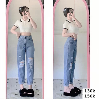 Set baggy jeans xanh rách + croptop petter phối viền HOT