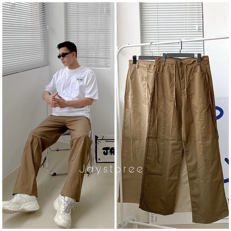 Quần kaki cargo ống rộng CHIN CHIN phối dây 2 bên màu ĐEN/RÊU 🖤 Nam nữ unisex 🖤 Quần cargo pants phong cách Y2K