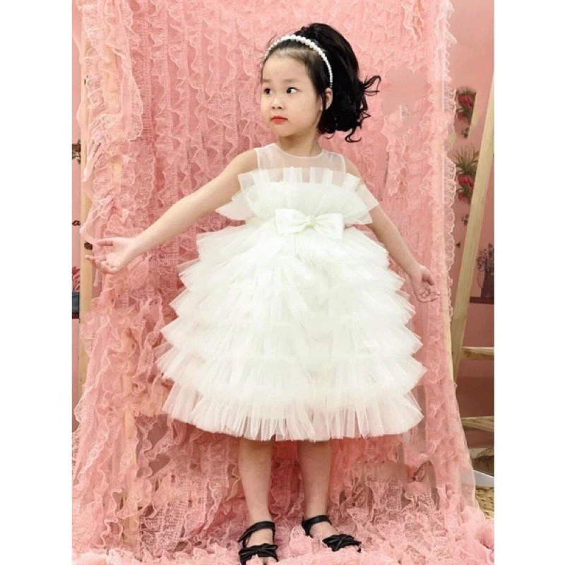 Váy đầm tầng công chúa màu trắng Hồng cho bé gái