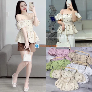 Áo cúp ngực trễ vai tay bồng Peplum - Áo tiểu thư dáng xoè hoa nhí dễ thương A27