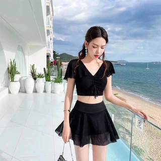 Set bikini đi biển 2 mảnh đẹp đồ tắm đồ bơi chân váy xoè cạp cao kín đáo che bụng B45