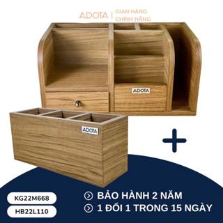 Combo kệ gỗ để bàn KG22M668 và hộp cắm bút ba ngăn HB22L110 bằng gỗ để bàn làm việc cao cấp phong cách sang trọng ADOTA