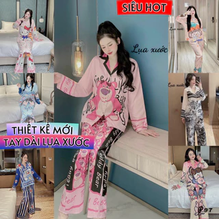 ẢNH THẬT pijama tay dài lụa xước thiết kế mới nhất hiện nay, đồ bộ hot trend, pijama nữ giá rẻ tận xưởng p97 free ship