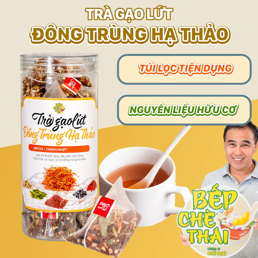 Trà gạo lứt đông trùng hạ thảo - bếp chè thái - thanh lọc gan, giải độc cơ thể nguyên liệu tự nhiên an toàn