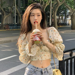 (H208) Áo Croptop Dài Tay Hoa Nhí Tay Bồng Chun Ngực Vải Xốp Phong Cách Hàn Quốc❤️