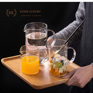 Ca thủy tinh định lượng | Ca nắp tre chia vạch chịu nhiệt chịu lực chất liệu thủy tinh Borosilicate | Ca đong thủy tinh