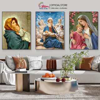 Tranh sơn dầu số hóa trang trí treo tường Công giáo Đức mẹ Maria và Chúa hài đồng có khung