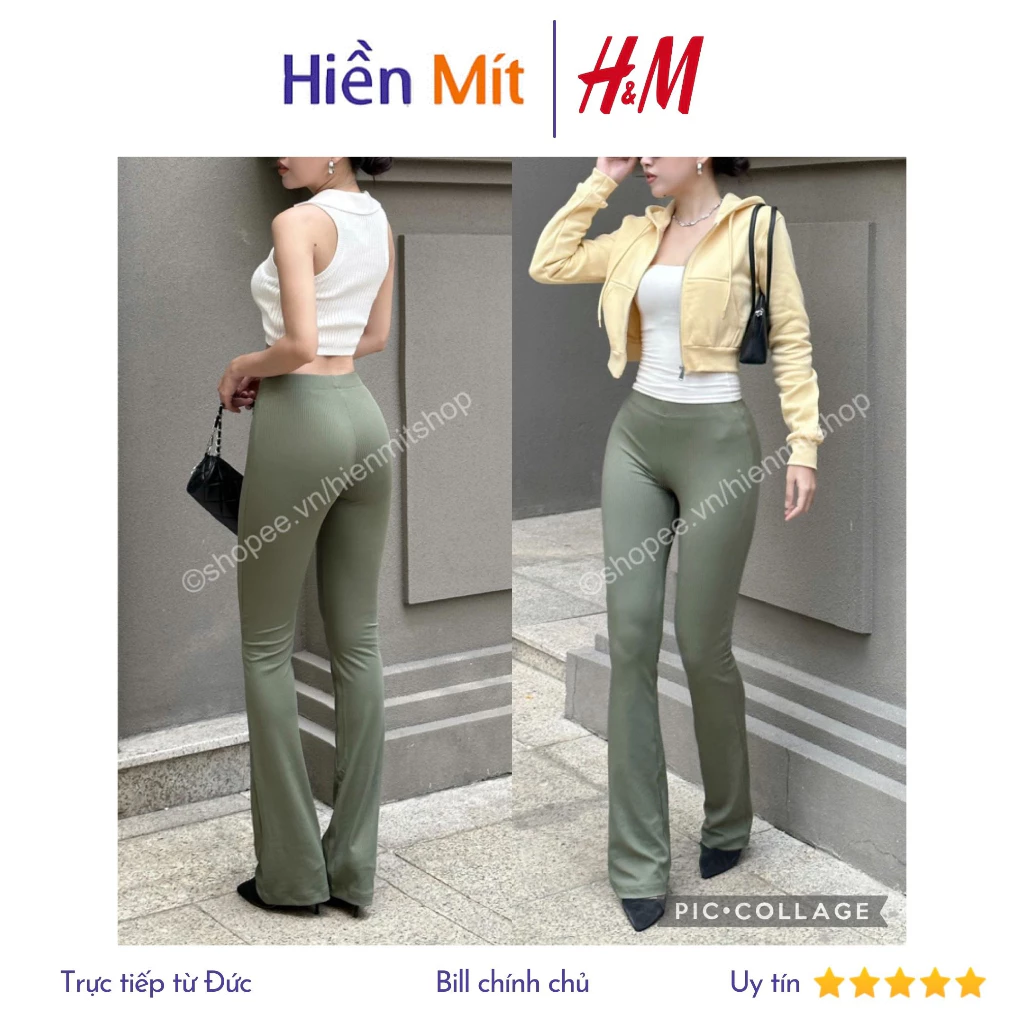 H&M Đức - Quần form ống ôm loe lưng cao legging vải thun màu xanh lá dương đen sale auth cao cấp có sẵn 0944598020