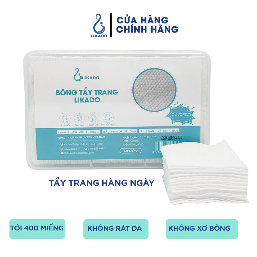 Bông tẩy trang Likado hộp 400/600 miếng kích thước (6cmx5cm)