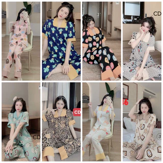 Bộ Cổ Sen Ngắn Tay, Bộ quần áo nữ pijama tay ngắn/cộc quần dài chất lụa kate thái loại 1