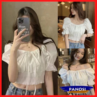 Áo kiểu nữ - áo croptop nữ bánh bèo trễ vai buộc nơ xinh xắn PANOSI - A125