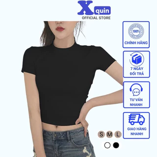 Áo thun nữ ngắn tay cổ tròn dáng croptop kiểu basic, Áo croptop ôm body trơn 2 màu trắng đen