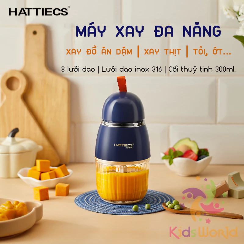 Máy xay ăn dặm cho bé KidsWorld Hattiecs 8 lưỡi dao và 6 lưỡi dao cối thuỷ tinh dung tích 300ml xay thit, sinh tố, tỏi ớ