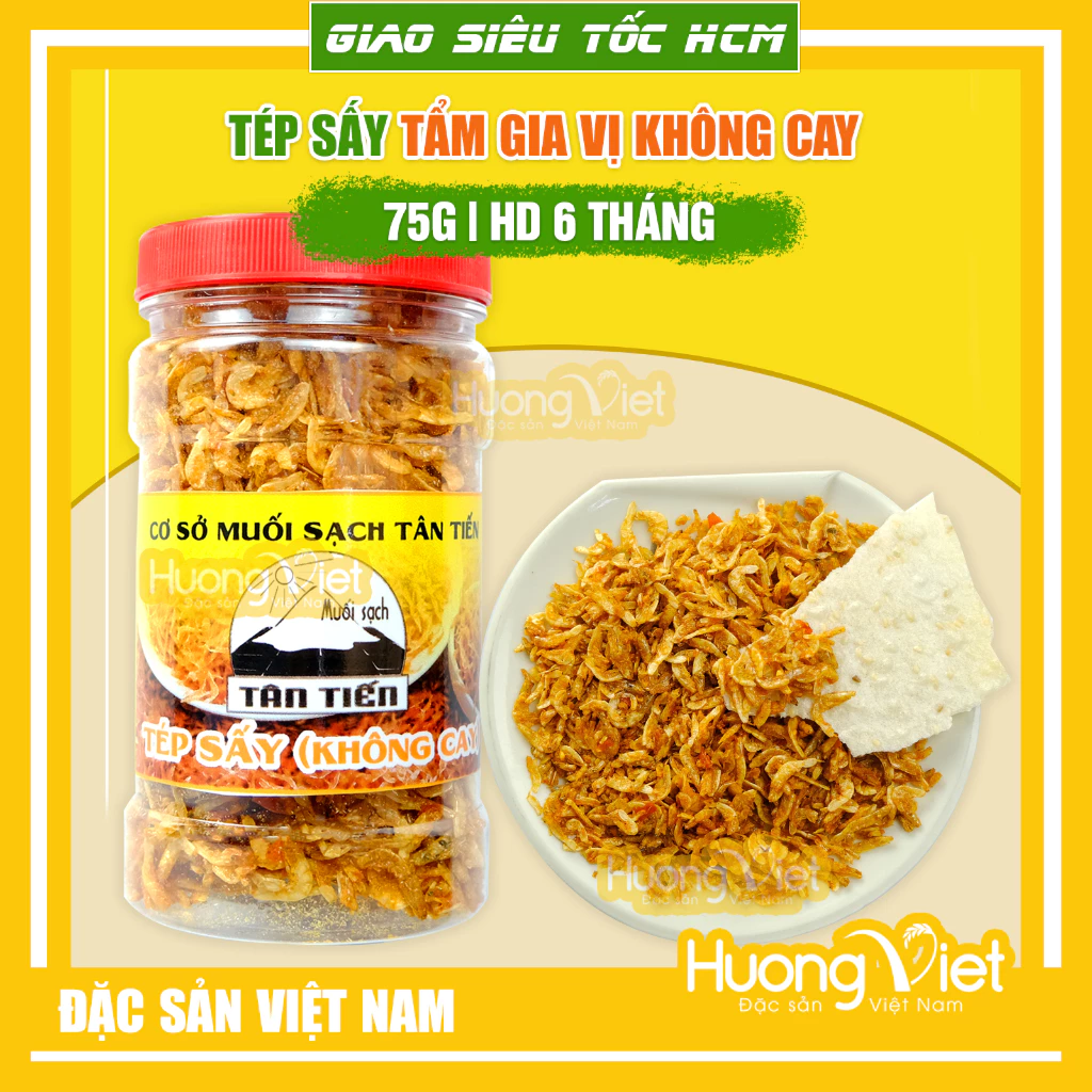 Tép sấy giòn tẩm gia vị, ruốc sấy khô ăn liền hộp 75g, làm bánh tráng trộn, ăn kèm cơm