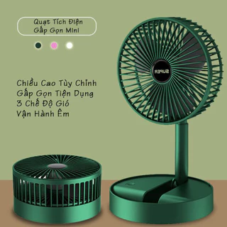 Quạt Tích Điện Gấp Gọn - Quạt Mini Để Bàn Xoay 180 Độ, 3 Tốc Độ Gió, Cổng Sạc USB Có Thể Điều Chỉnh Độ Cao