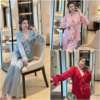 Đồ Ngủ, Pijama Tiểu Thư Tay Dài Hàng Thiết Kế Cổ Bèo Nút Ngọc Chất Lụa Cao Cấp - Đồ Bộ Nữ Freesize