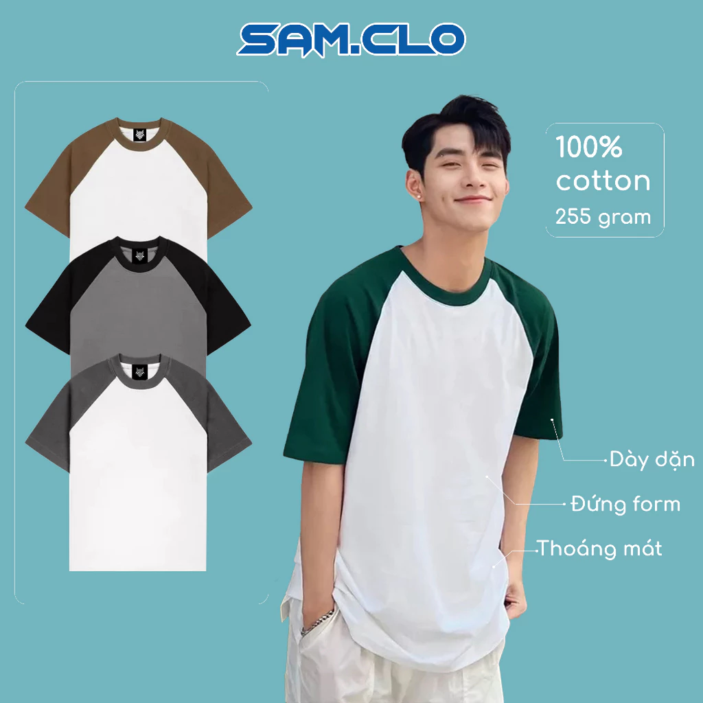 Áo thun RAGLAN tay lỡ oversized phối tay SAM CLO nam nữ unisex form rộng 100% cotton 255 gram TRƠN