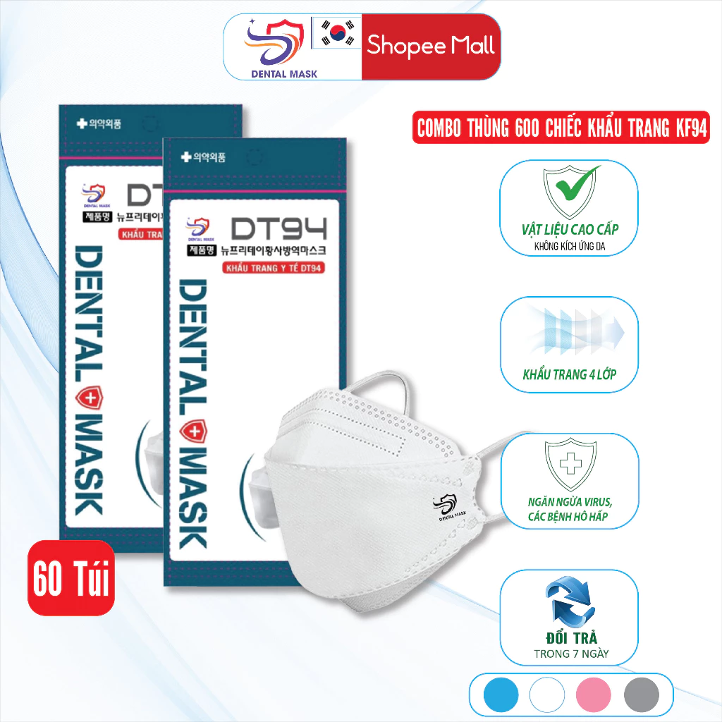 Thùng 600 Cái khẩu trang 4D KF94 DENTAL MASKL chính hãng 4 lớp có giấy lọc kháng khuẩn dày dặn chống tia uv và bụi bân
