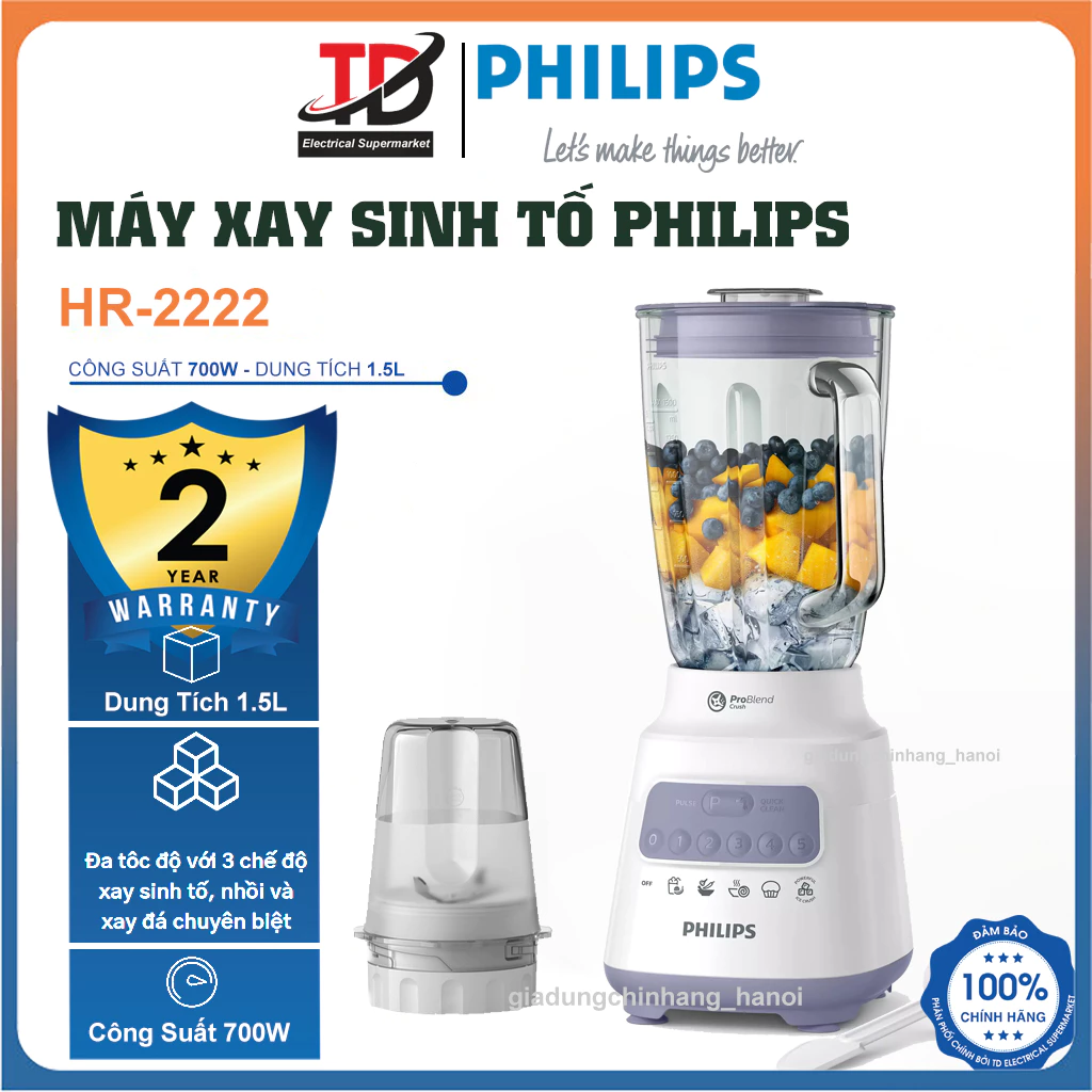 Máy Xay Sinh Tố Philips HR2222 - 1.5L Cối Thủy Tinh - Công Suất 700W - Bảo Hành Chính Hãng 2 Năm