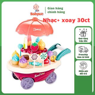 Đồ chơi xe bán kem, xe đẩy kem có đèn nhạc 2 tầng, 30 chi tiết dễ thương cho bé