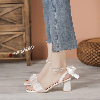 Giày Sandal Size 35-43 Cao Gót Nữ TLS68 Đế Vuông Quai Ngọc Thắt Nơ 7P hai màu đen, trắng, sang trọng quý phái