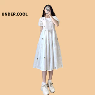 Đầm váy babydoll đũi lanh UNDERCOOL hoa cúc cộc tay hoa nhí nhẹ nhàng, váy màu trắng đi biển hoa cúc vàng tay bồng